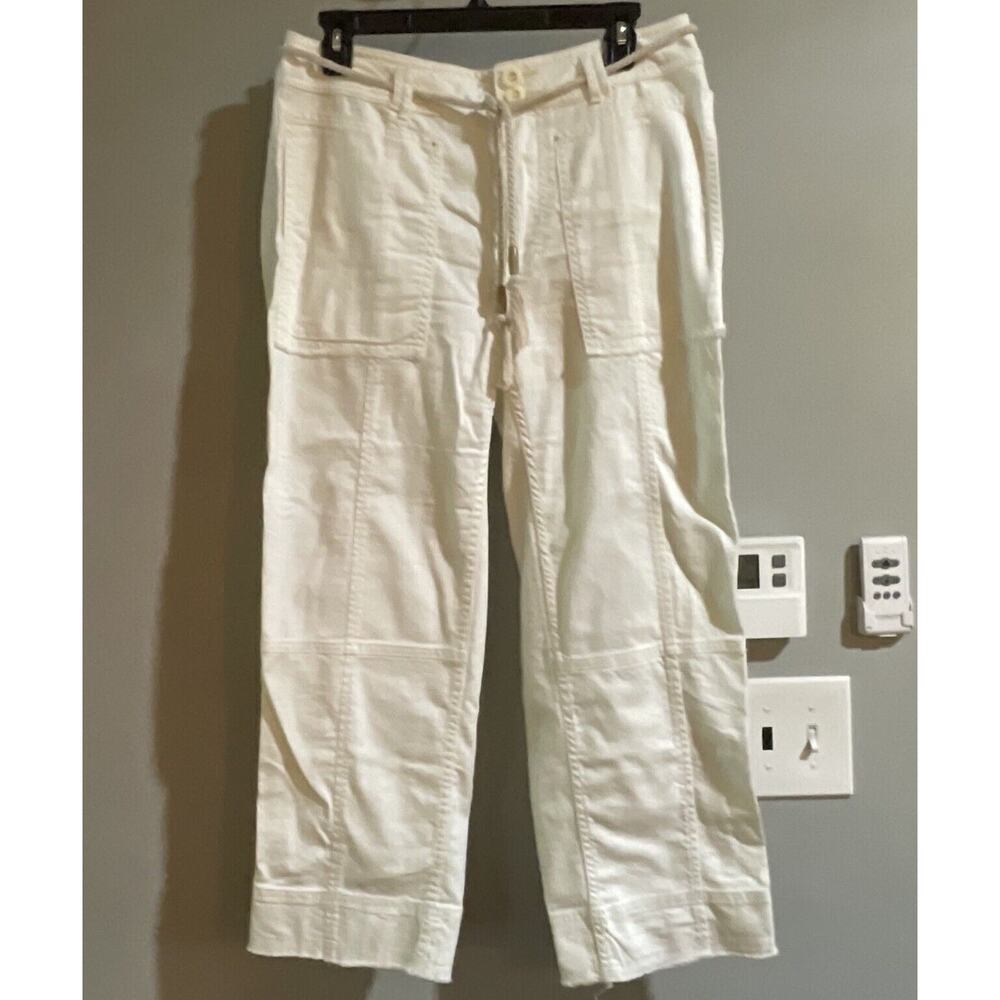 Anthropologie White Canvas Denim High Rise Belted Straight Crop Utility Sz‎ 28